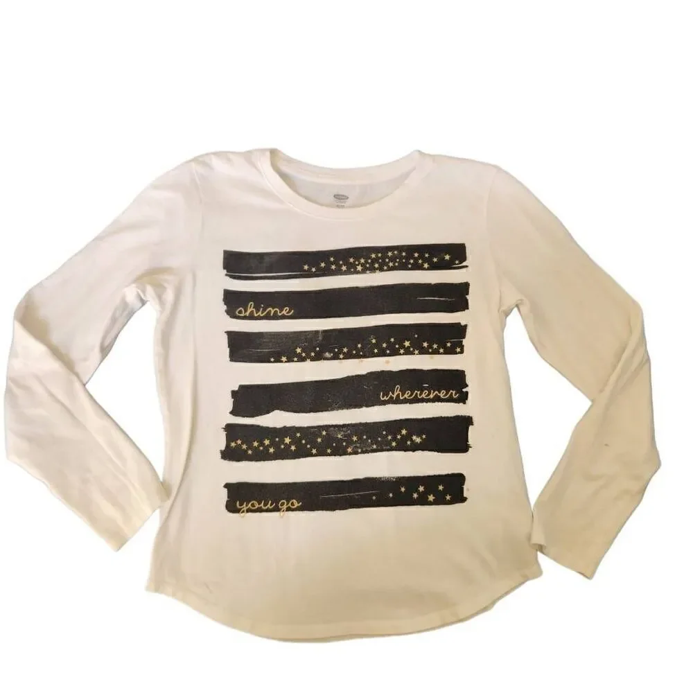 Old Navy girls youth long sleeve white striped t-shirt shine whatever graphic xl